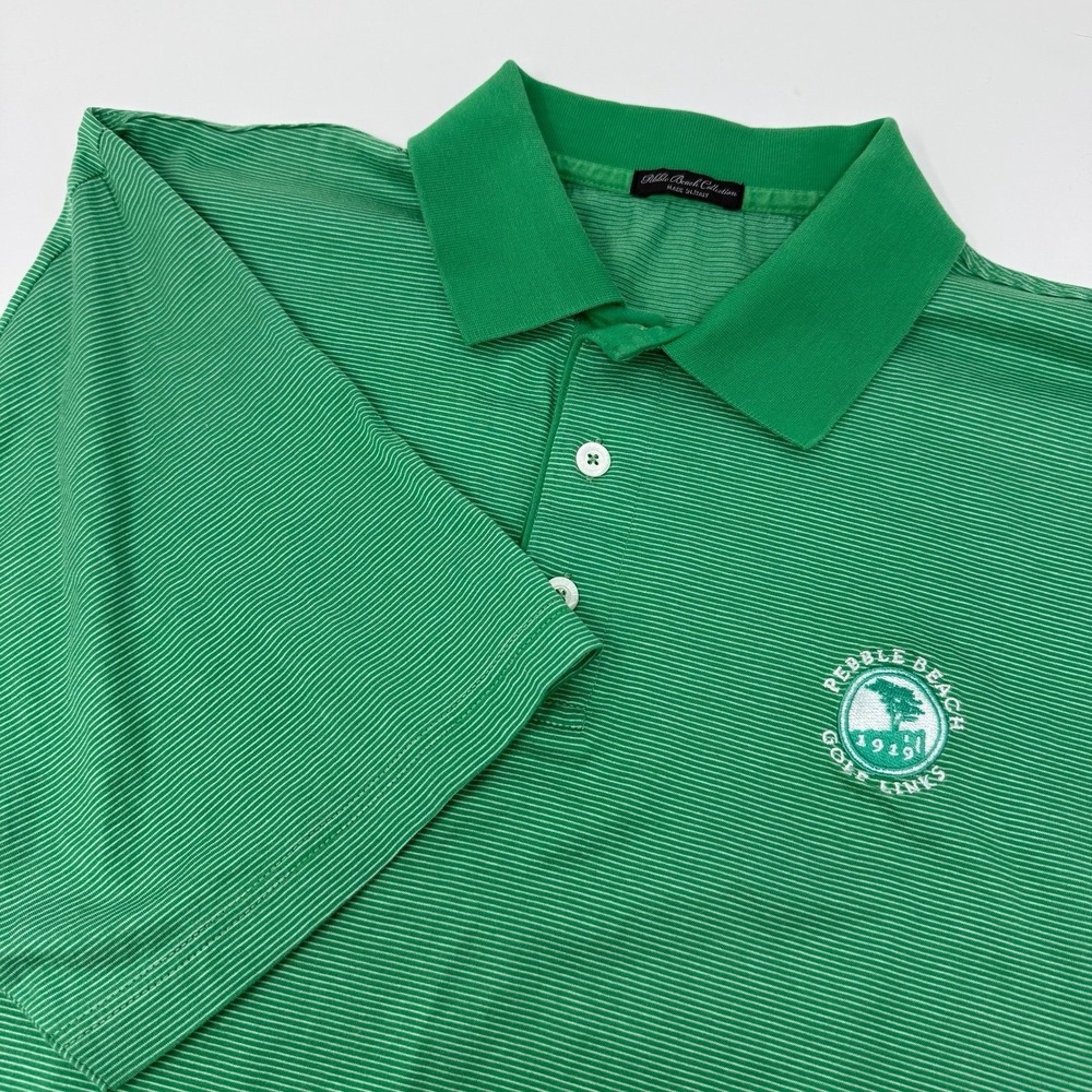 Pebble Beach Golf Links Polo Shirt Mens Green Striped Made in Italy 1919 Logo L